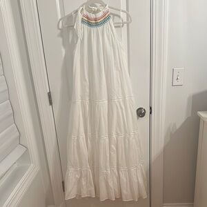 NWOT! J. Crew White Tiered Ruffled Maxi Dress with Rainbow Embroidery
